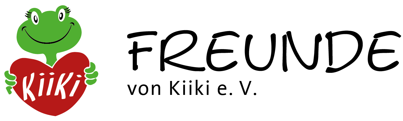 Kiiki-Logo mit einem lachenden Frosch der ein rotes Herz in den Händen hält. 
